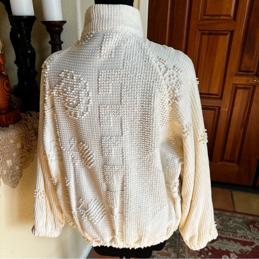 Quilted Patchwork Bomber Jacket - Cream with Blue… - image 5